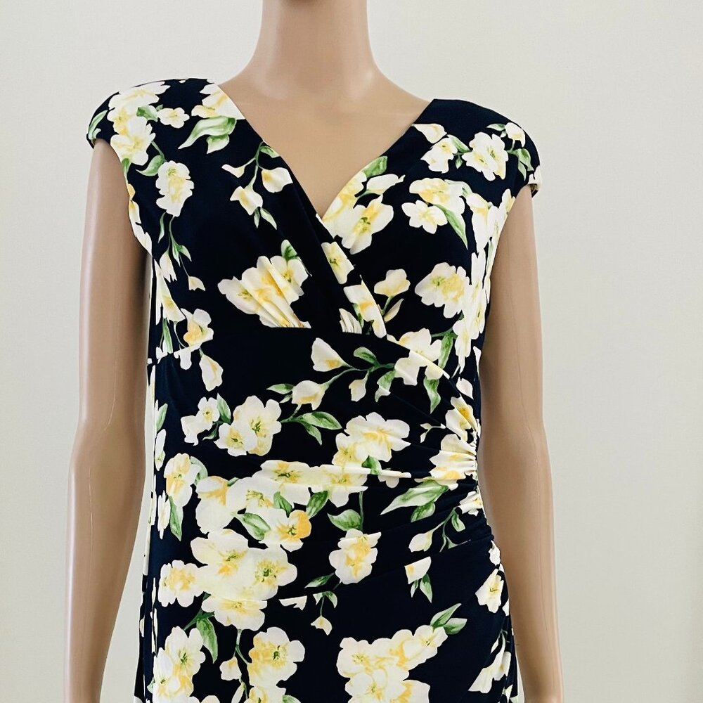 Ralph Lauren women's black floral print dress faux wrap sleeveless Size 8